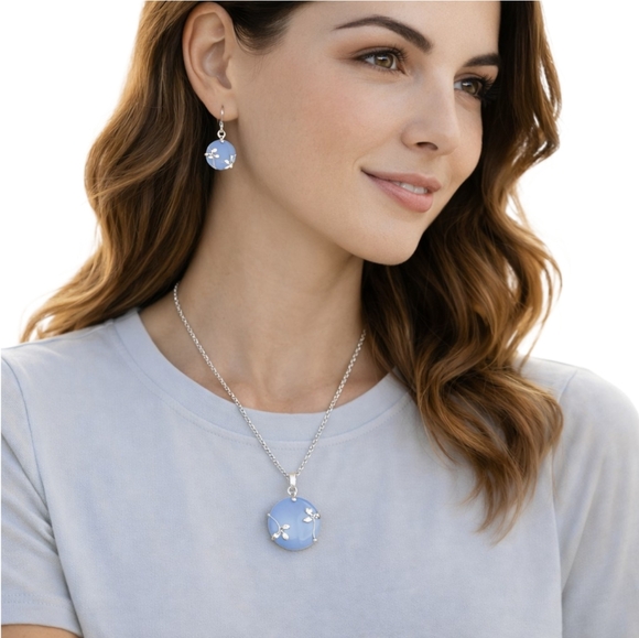 Unbranded Jewelry - Unbranded Blue Opalescent Pendant Necklace & Drop Earrings Set Silver Tone Flora